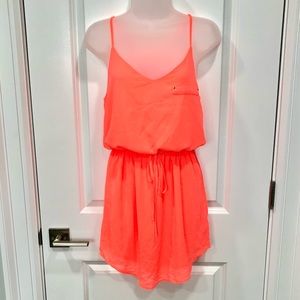 V-neck Neon Orange Spagetti Strap Drawstring Waist Summer Dress - Size S